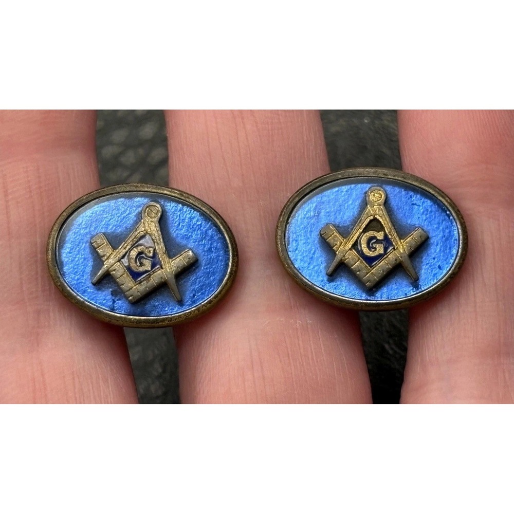 Vintage Masonic Mason Anson Blue Enamel Gold Tone Cufflinks